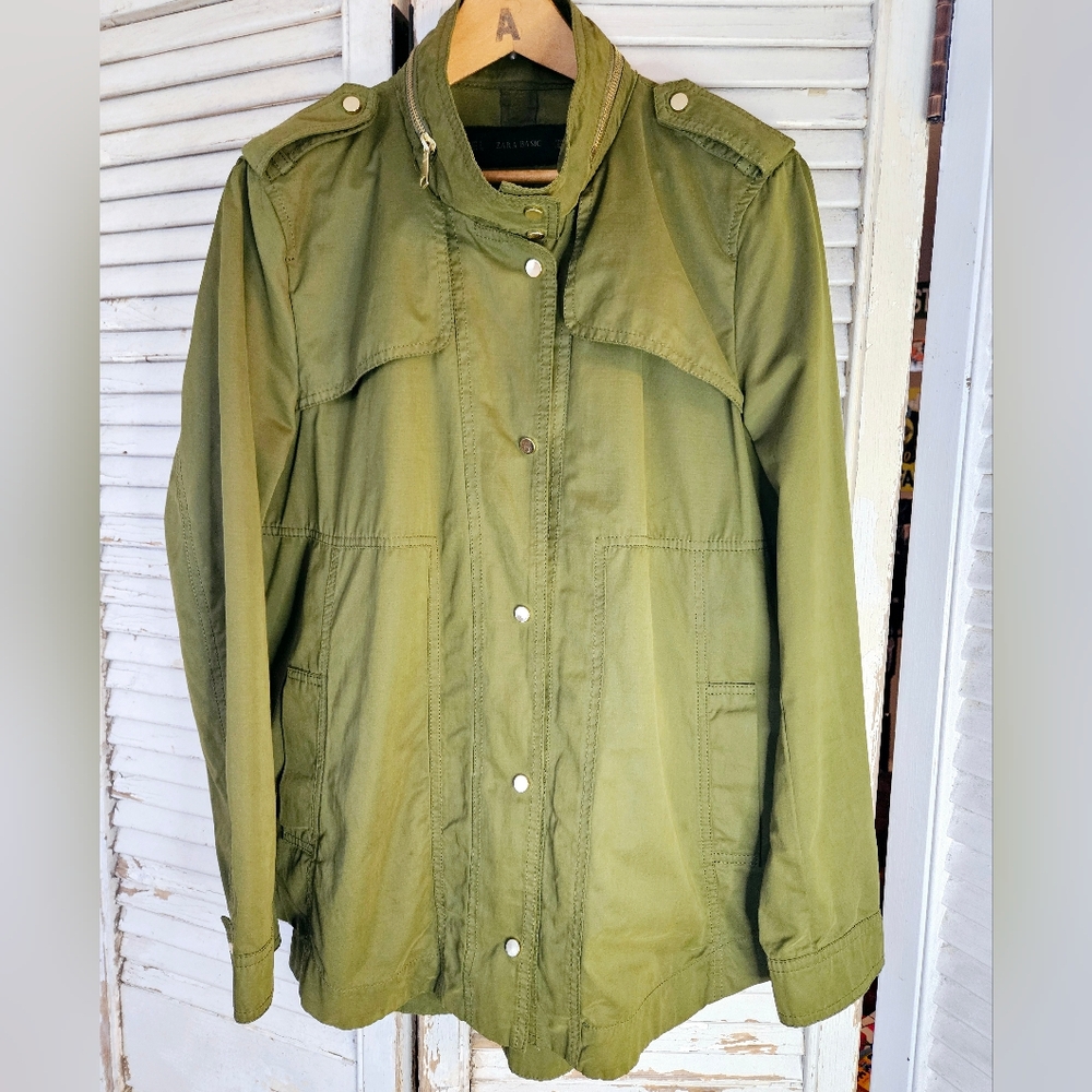 Zara Basic Military Style Jacket Olive Green Unlined Water Resistant Large